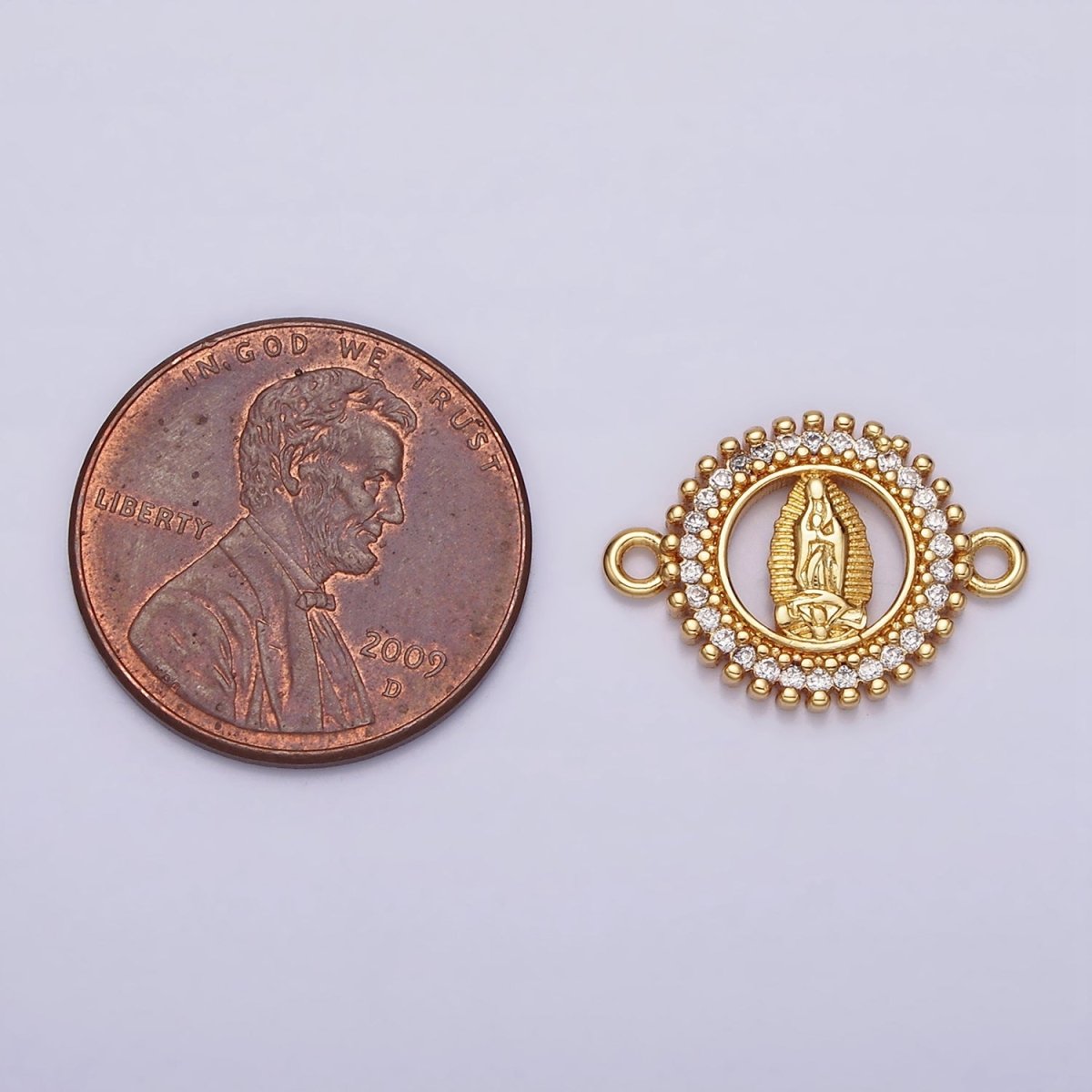 Gold plated 17.5mm Lady Guadalupe Mary Open CZ Lined Beaded Round Connector G-720 - DLUXCA