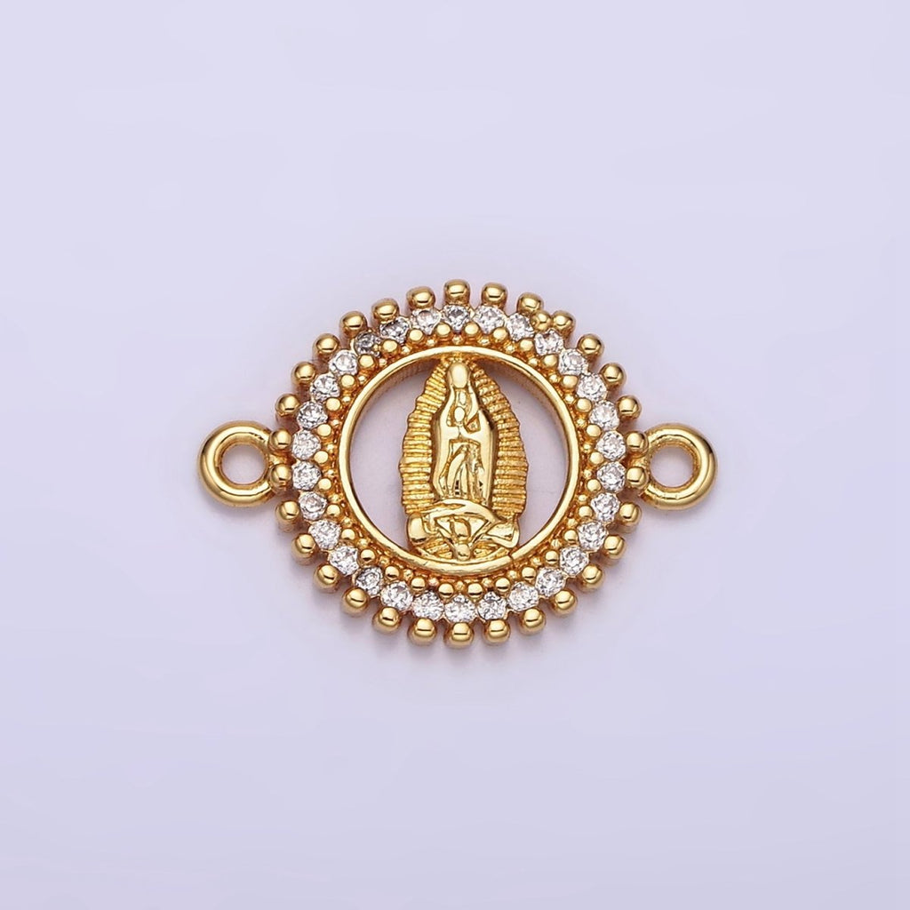 Gold plated 17.5mm Lady Guadalupe Mary Open CZ Lined Beaded Round Connector G-720 - DLUXCA