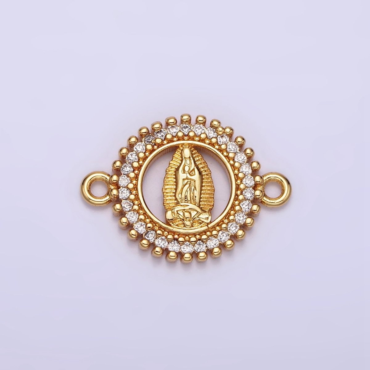 Gold plated 17.5mm Lady Guadalupe Mary Open CZ Lined Beaded Round Connector G-720 - DLUXCA