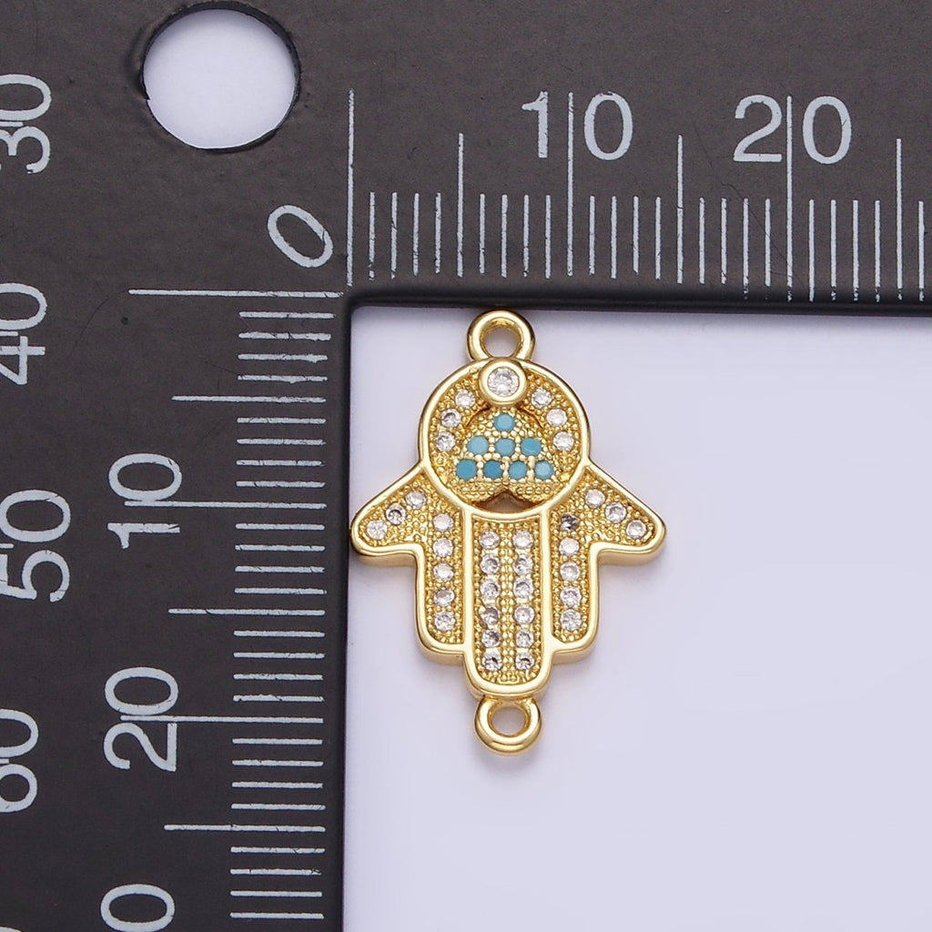 Gold plated 21mm Turquoise Clear Micro Paved CZ Hamsa Hand Connector G-661 - DLUXCA