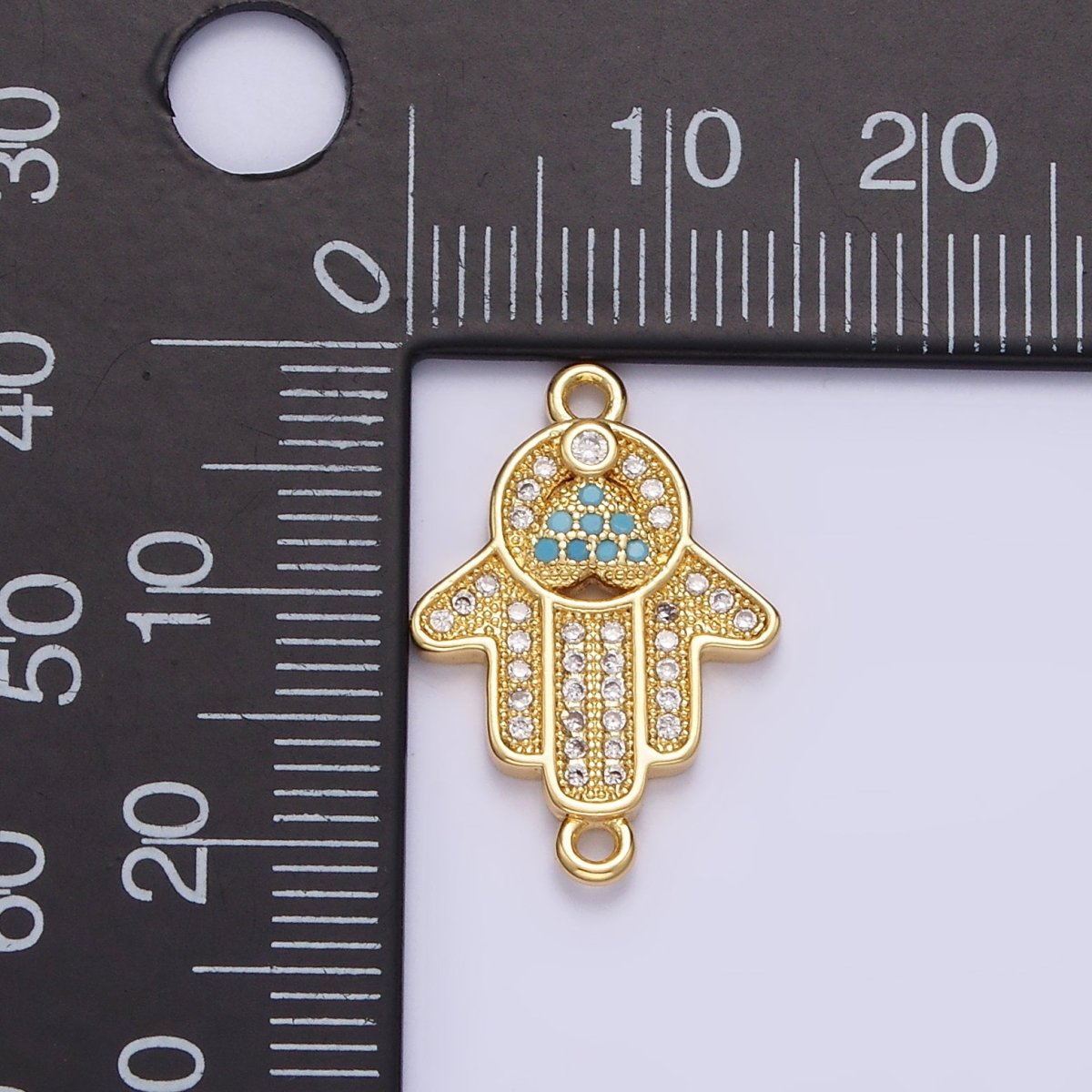 Gold plated 21mm Turquoise Clear Micro Paved CZ Hamsa Hand Connector G-661 - DLUXCA