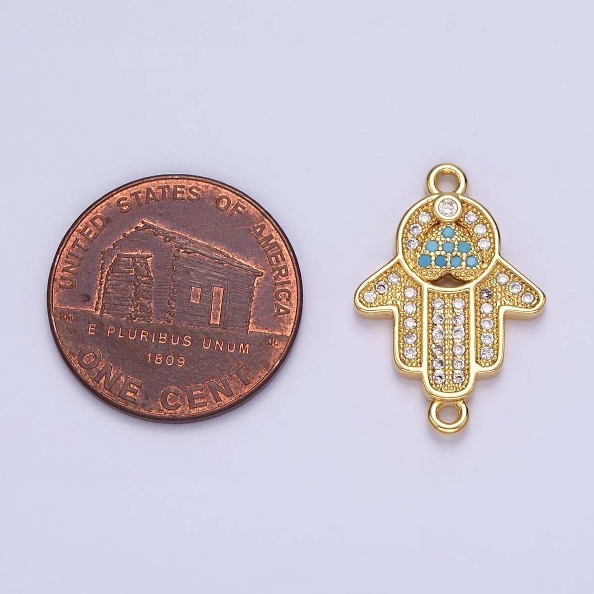 Gold plated 21mm Turquoise Clear Micro Paved CZ Hamsa Hand Connector G-661 - DLUXCA