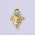 Gold plated 21mm Turquoise Clear Micro Paved CZ Hamsa Hand Connector G-661 - DLUXCA