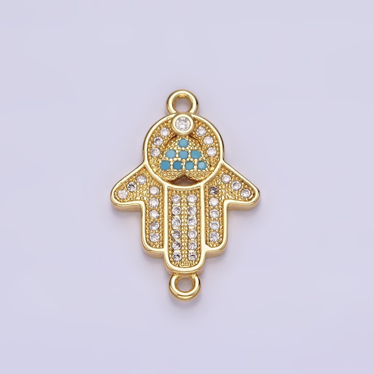 Gold plated 21mm Turquoise Clear Micro Paved CZ Hamsa Hand Connector G-661 - DLUXCA