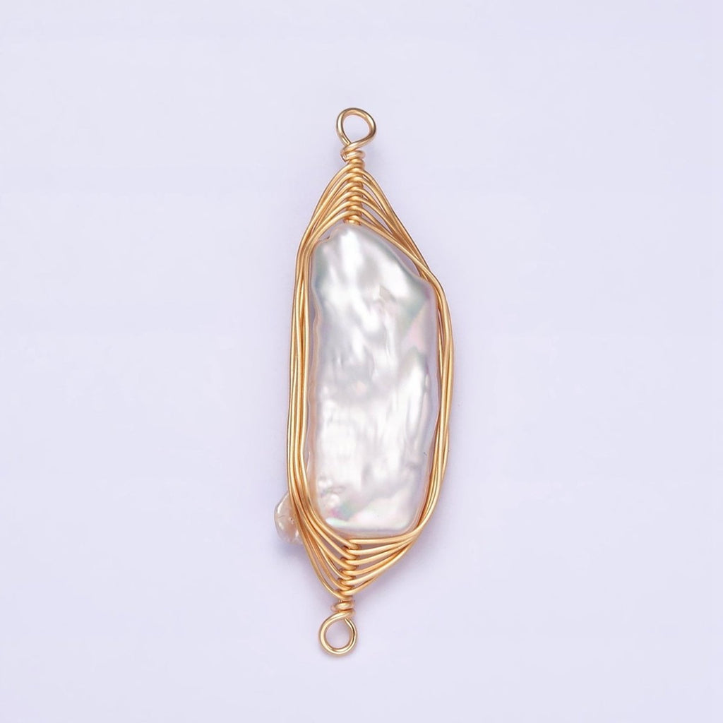 Gold plated 41.5mm White Baroque Freshwater Pearl Wire Wrapped Connector G-662 - DLUXCA