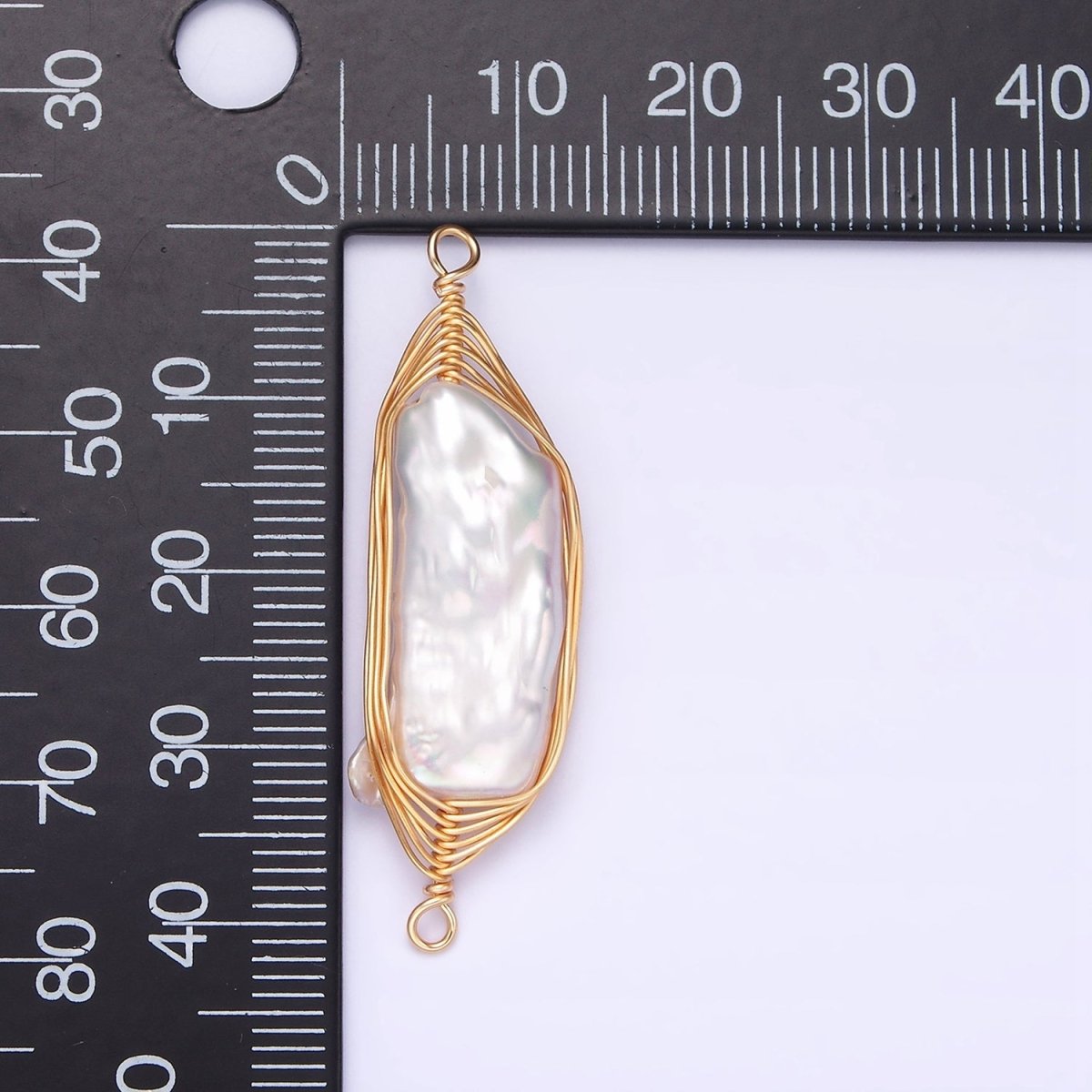 Gold plated 41.5mm White Baroque Freshwater Pearl Wire Wrapped Connector G-662 - DLUXCA