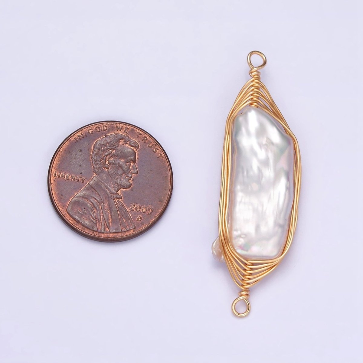 Gold plated 41.5mm White Baroque Freshwater Pearl Wire Wrapped Connector G-662 - DLUXCA