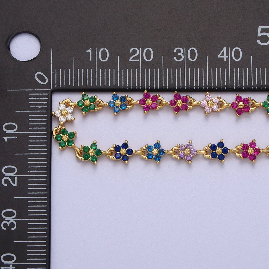 Gold plated 5mm Black, Clear, Multicolor Flower CZ Unfinished Designed Chain | ROLL-1008 ~ ROLL-1010 Clearance Pricing - DLUXCA