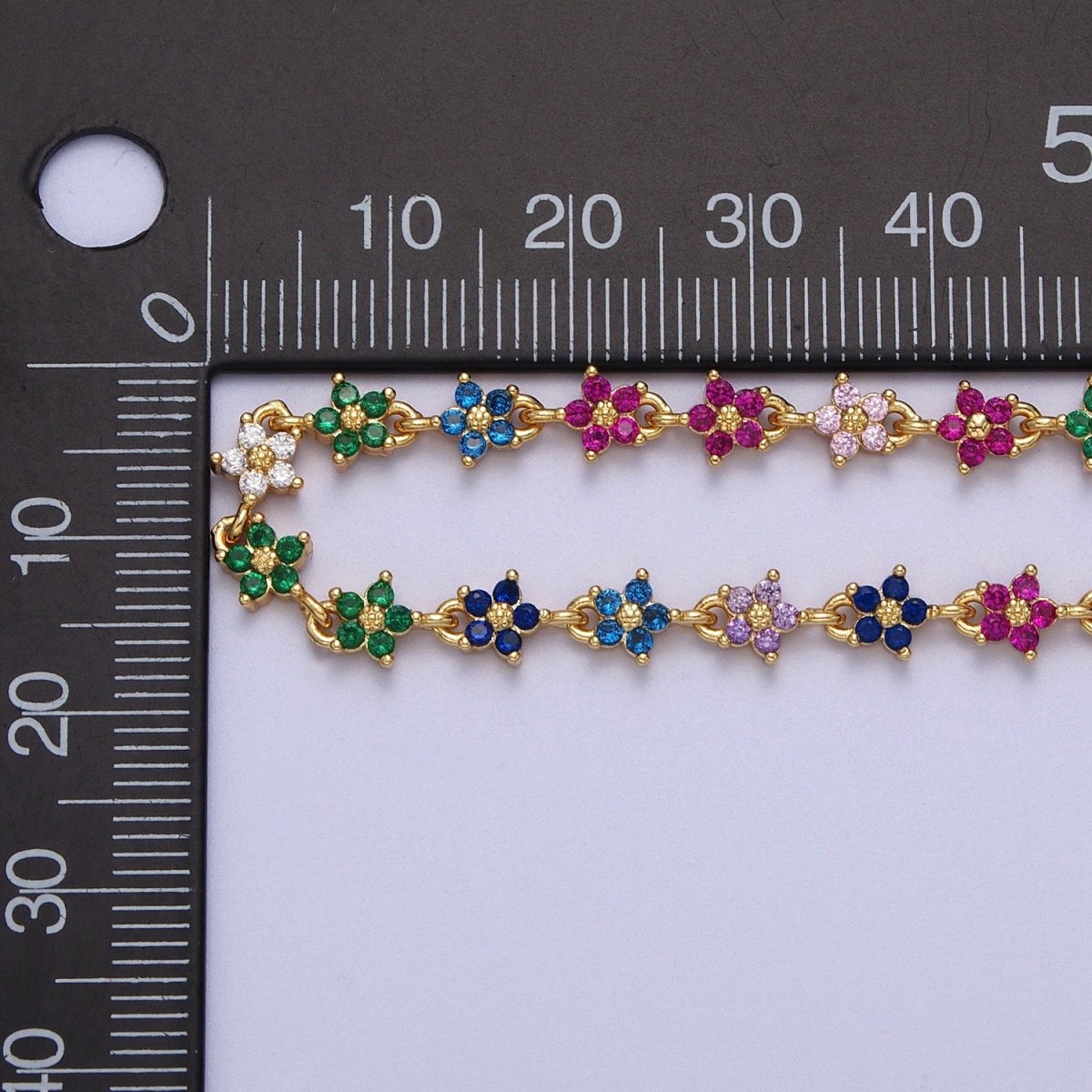 Gold plated 5mm Black, Clear, Multicolor Flower CZ Unfinished Designed Chain | ROLL-1008 ~ ROLL-1010 Clearance Pricing - DLUXCA