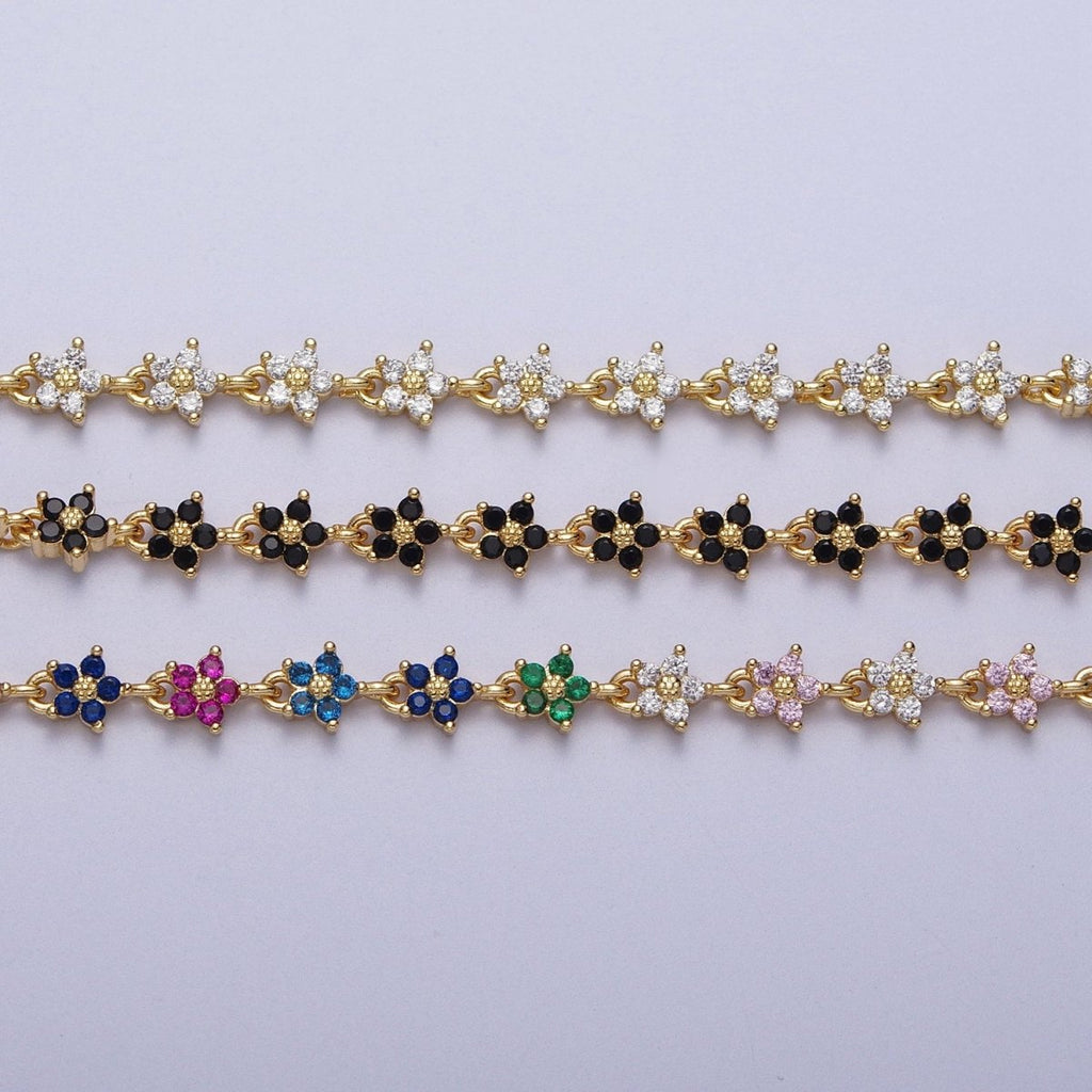 Gold plated 5mm Black, Clear, Multicolor Flower CZ Unfinished Designed Chain | ROLL-1008 ~ ROLL-1010 Clearance Pricing - DLUXCA