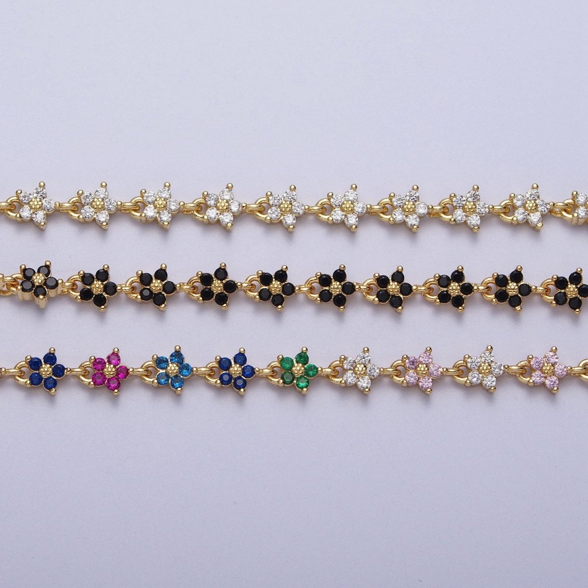 Gold plated 5mm Black, Clear, Multicolor Flower CZ Unfinished Designed Chain | ROLL-1008 ~ ROLL-1010 Clearance Pricing - DLUXCA