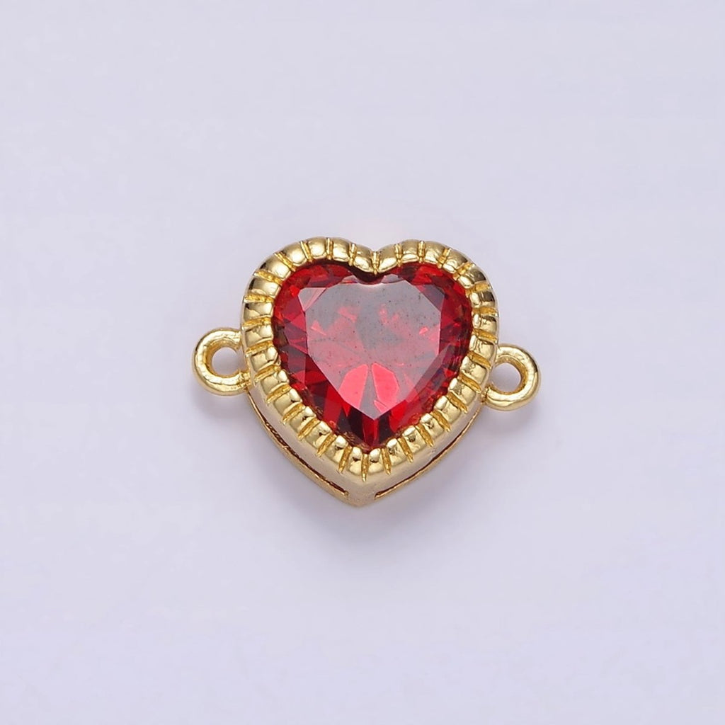 Gold plated 9.5mm Red, Pink, Clear CZ Heart Line-Textured Connector G-717 - G-719