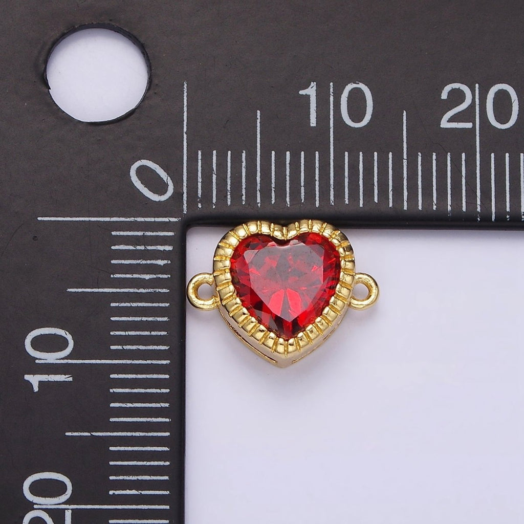 Gold plated 9.5mm Red, Pink, Clear CZ Heart Line-Textured Connector G-717 - G-719