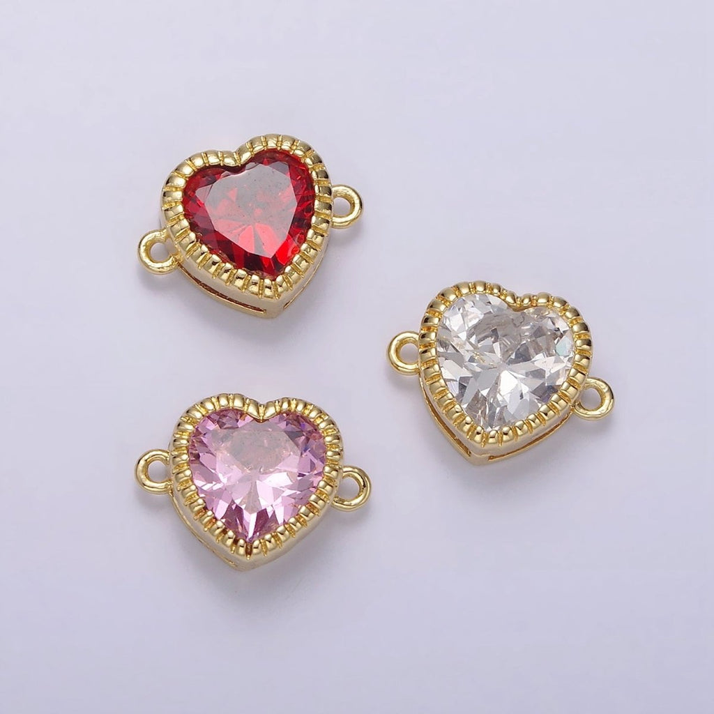 Gold plated 9.5mm Red, Pink, Clear CZ Heart Line-Textured Connector G-717 - G-719