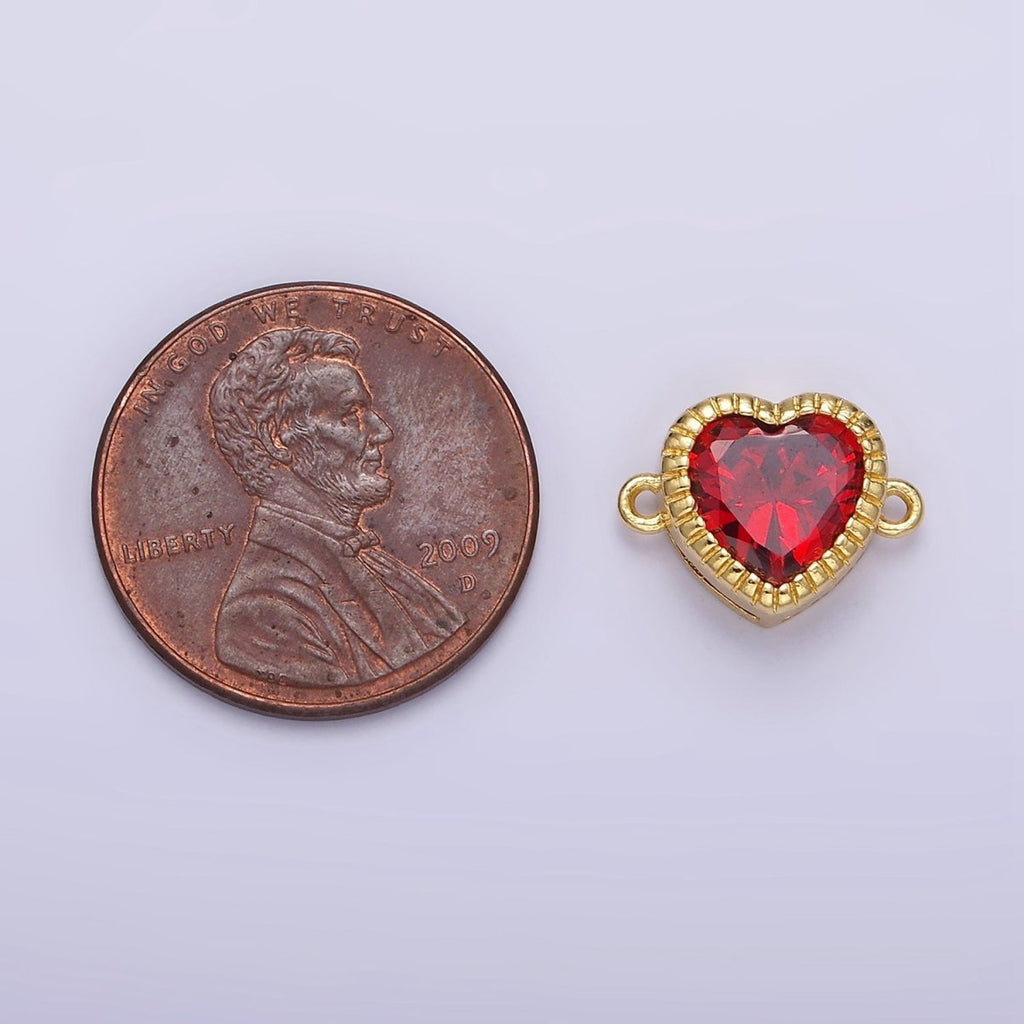 Gold plated 9.5mm Red, Pink, Clear CZ Heart Line-Textured Connector G-717 - G-719