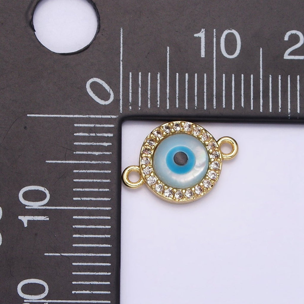 Gold plated 9mm Blue Evil Eye Clear Micro Paved CZ Round Connector G-666 - DLUXCA
