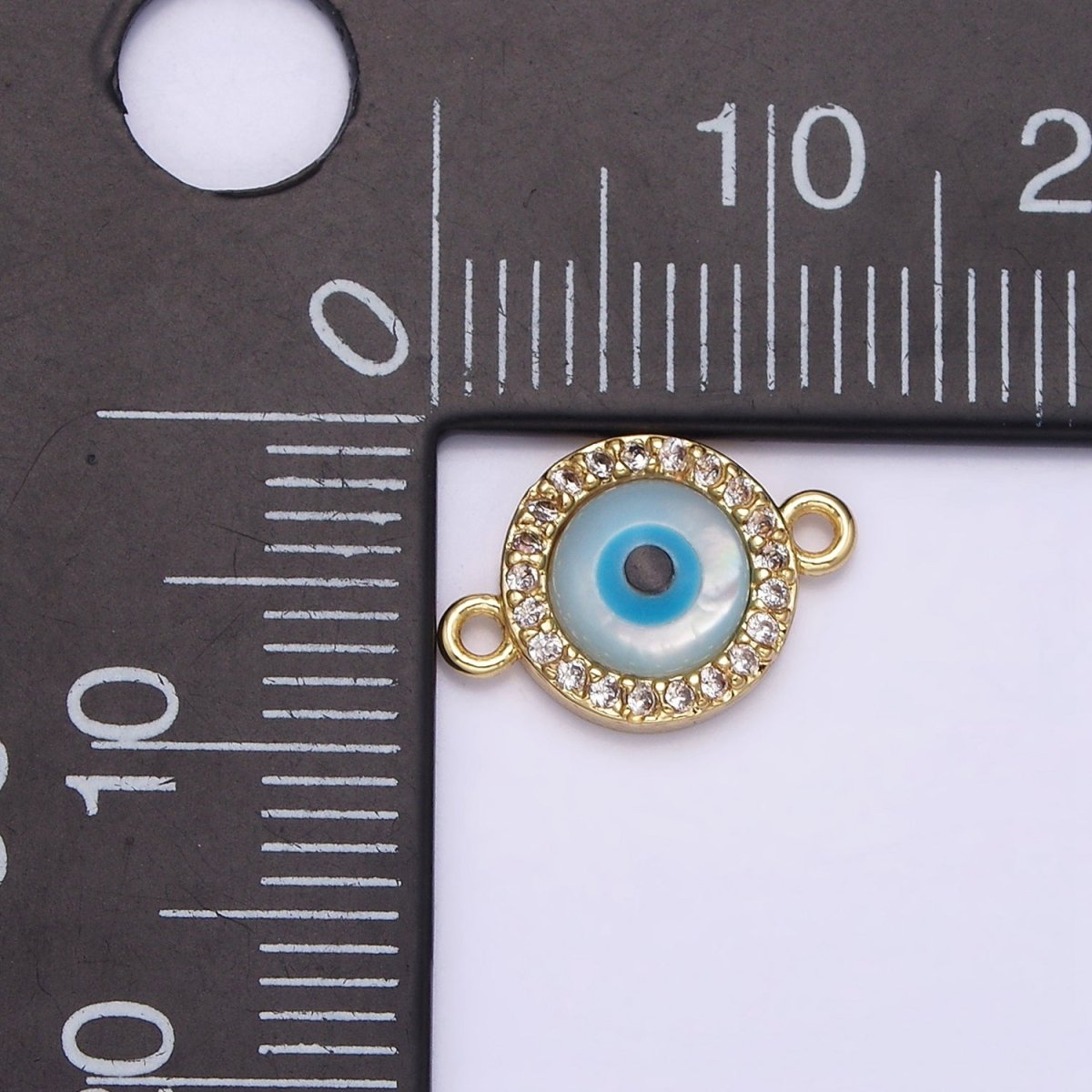 Gold plated 9mm Blue Evil Eye Clear Micro Paved CZ Round Connector G-666 - DLUXCA