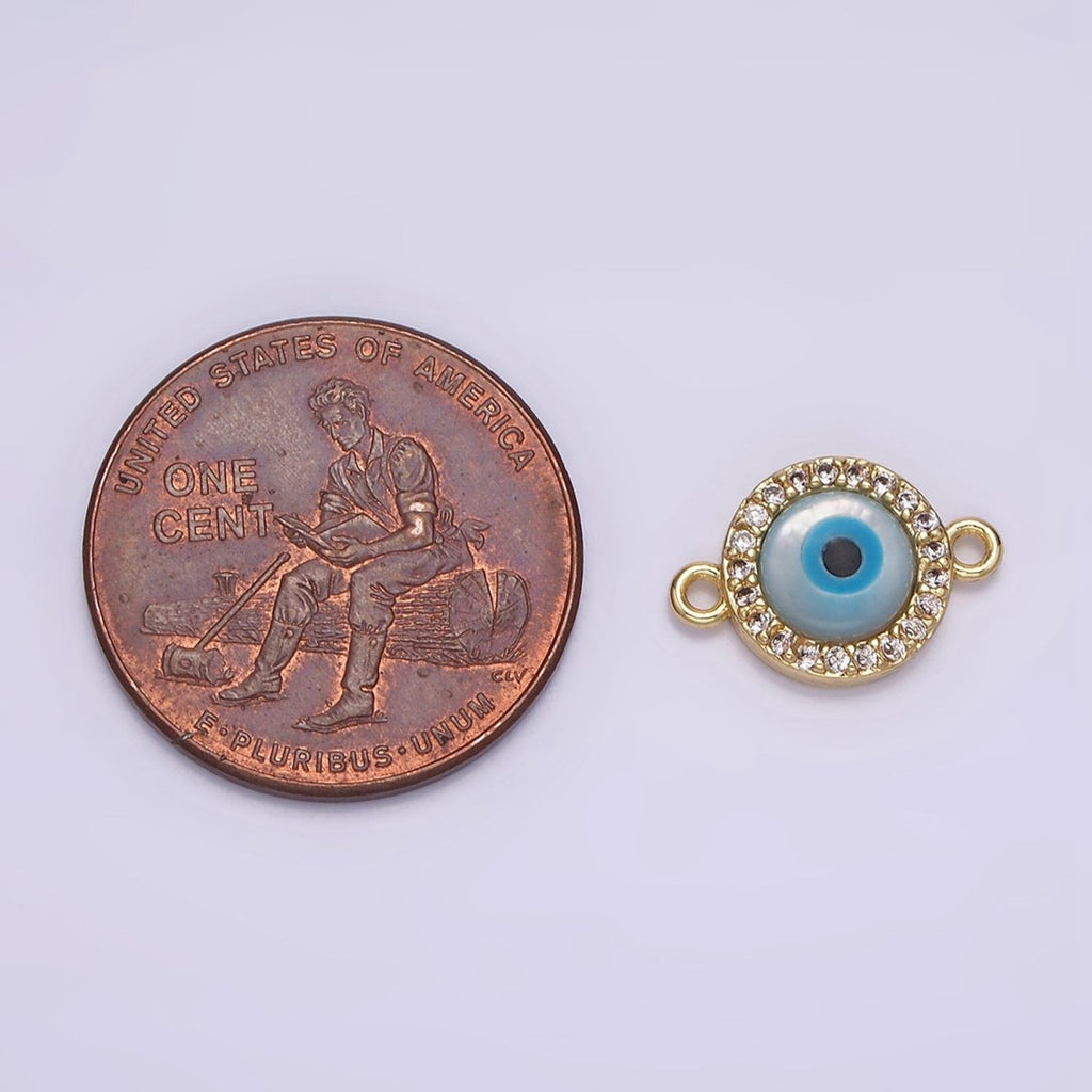 Gold plated 9mm Blue Evil Eye Clear Micro Paved CZ Round Connector G-666 - DLUXCA