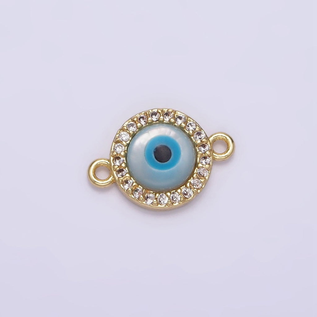 Gold plated 9mm Blue Evil Eye Clear Micro Paved CZ Round Connector G-666 - DLUXCA