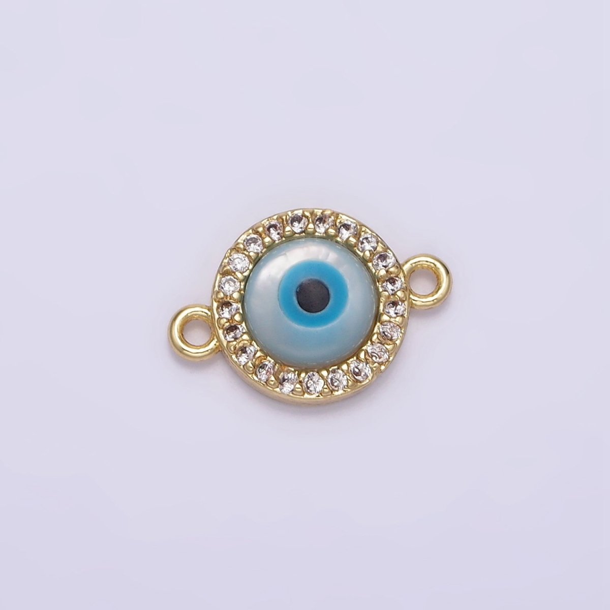 Gold plated 9mm Blue Evil Eye Clear Micro Paved CZ Round Connector G-666 - DLUXCA