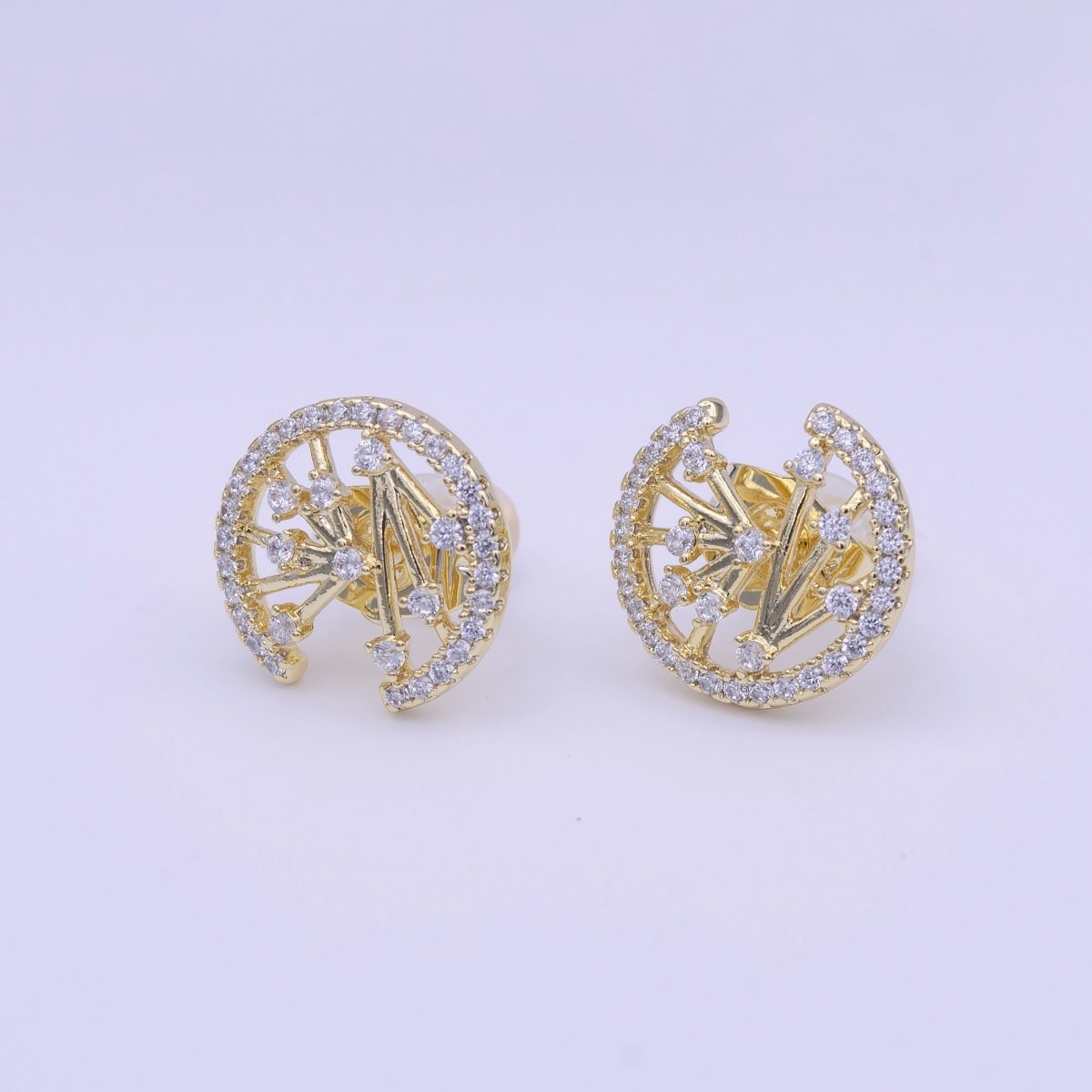 Gold plated Abstract Bar Open Round Micro Paved CZ Stud Earrings | Y-224 - DLUXCA