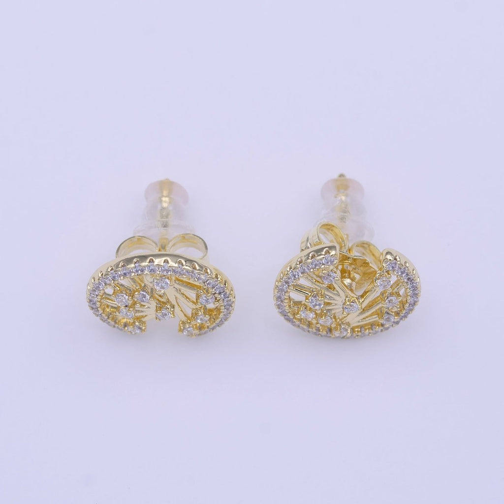 Gold plated Abstract Bar Open Round Micro Paved CZ Stud Earrings | Y-224 - DLUXCA