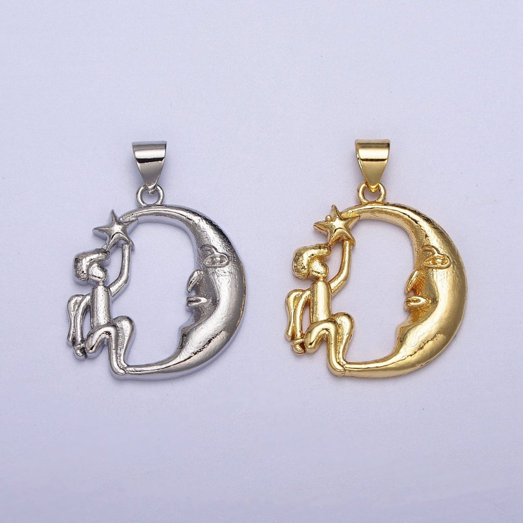 Gold plated Angel Star on the Crescent Moon Pendant in Gold & Silver | AA002 A003
