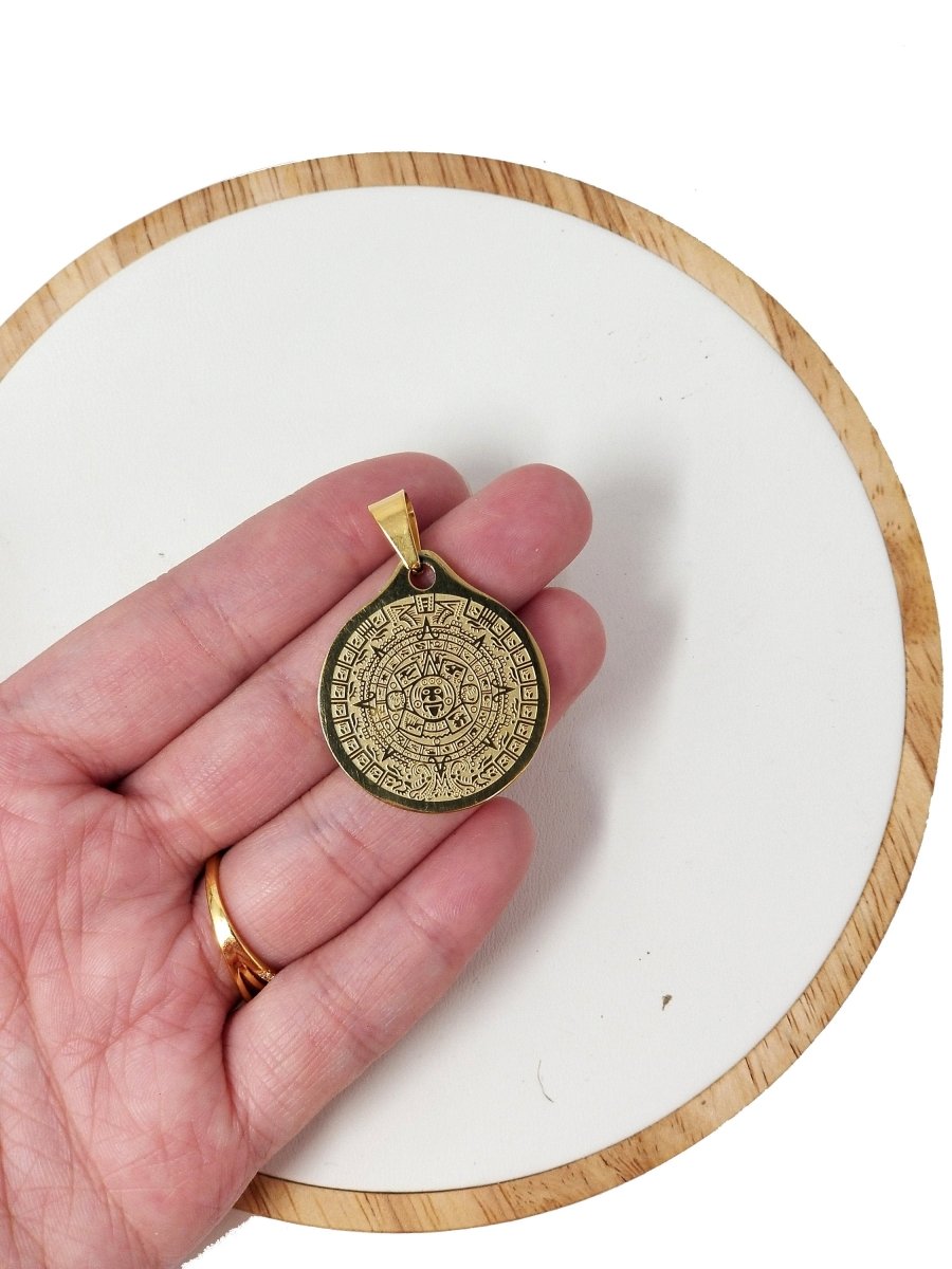 Gold plated Aztec Mayan Sun Calendar Medallion Pendant Gold Aztec Coin Pendant Boho Charm for Layer Necklace Jewelry Making J-616 - DLUXCA