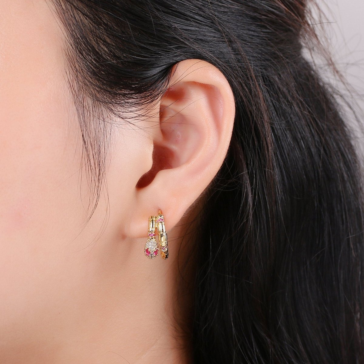 Gold plated Beautiful Dangle Mystic Snake Huggies Earring Micro Pave CZ Pink Cubic Zirconia Earrings Supply for Jewelry Making Q-179 - DLUXCA