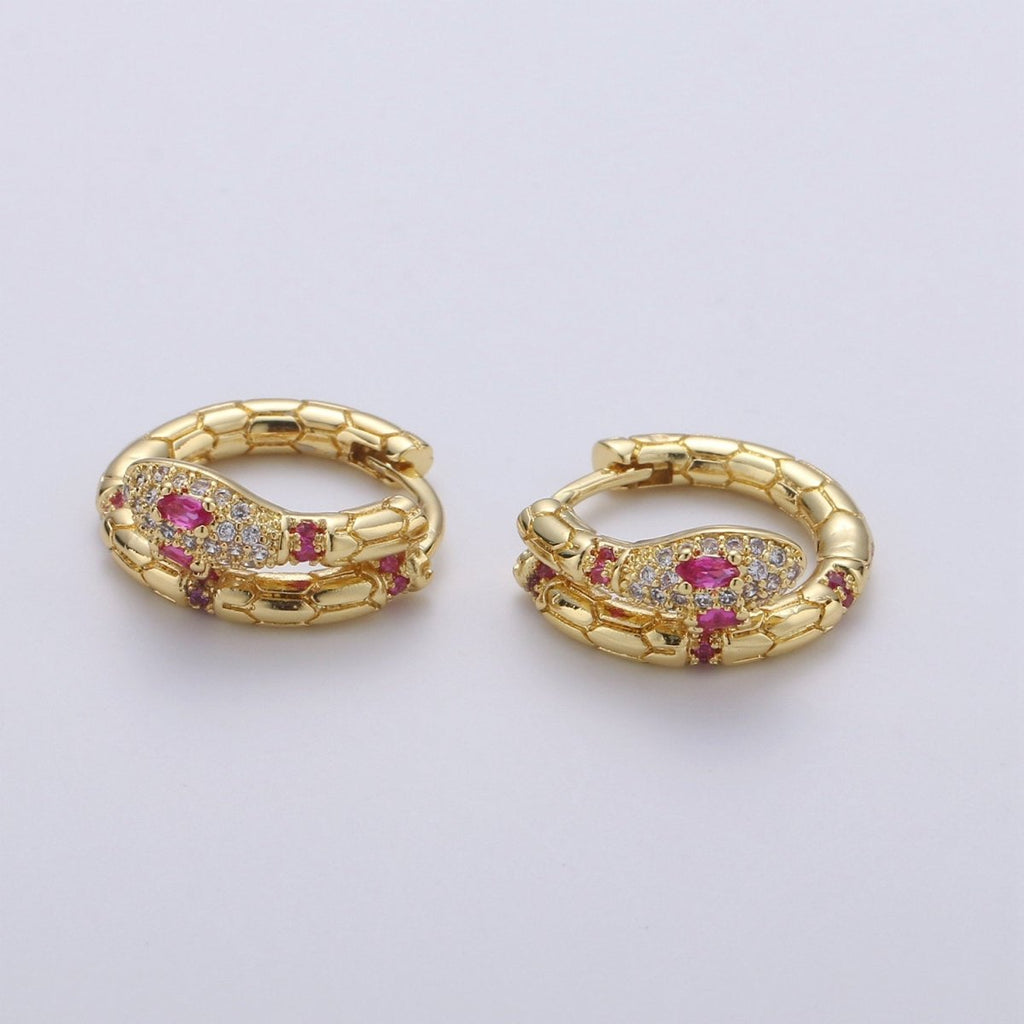 Gold plated Beautiful Dangle Mystic Snake Huggies Earring Micro Pave CZ Pink Cubic Zirconia Earrings Supply for Jewelry Making Q-179 - DLUXCA