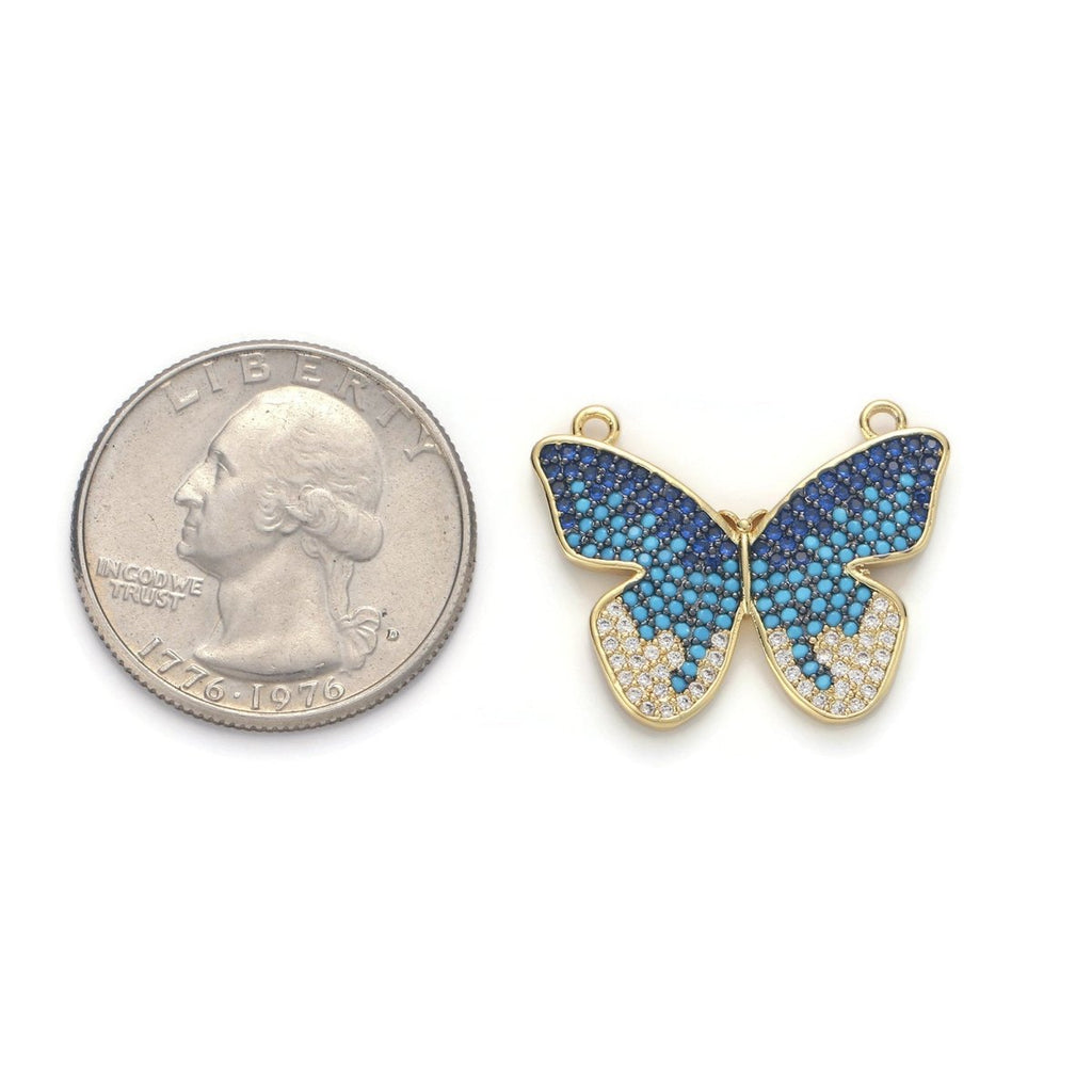 Gold plated Butterfly Micro Pave Connector Charm, Cubic Zirconia Butterfly Pendant Charm Connector, For DIY Jewelry, 25x21mm F-382 - DLUXCA