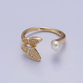 Gold plated butterfly ring Pearl butterfly rin, stackable adjustable ring, dainty ring O-2139 - DLUXCA