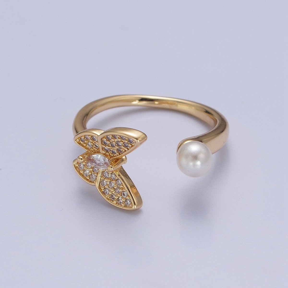 Gold plated butterfly ring Pearl butterfly rin, stackable adjustable ring, dainty ring O-2139 - DLUXCA