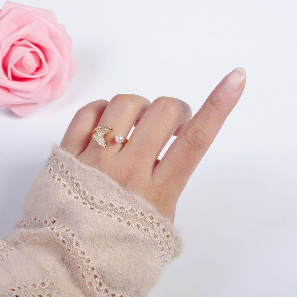 Gold plated butterfly ring Pearl butterfly rin, stackable adjustable ring, dainty ring O-2139 - DLUXCA