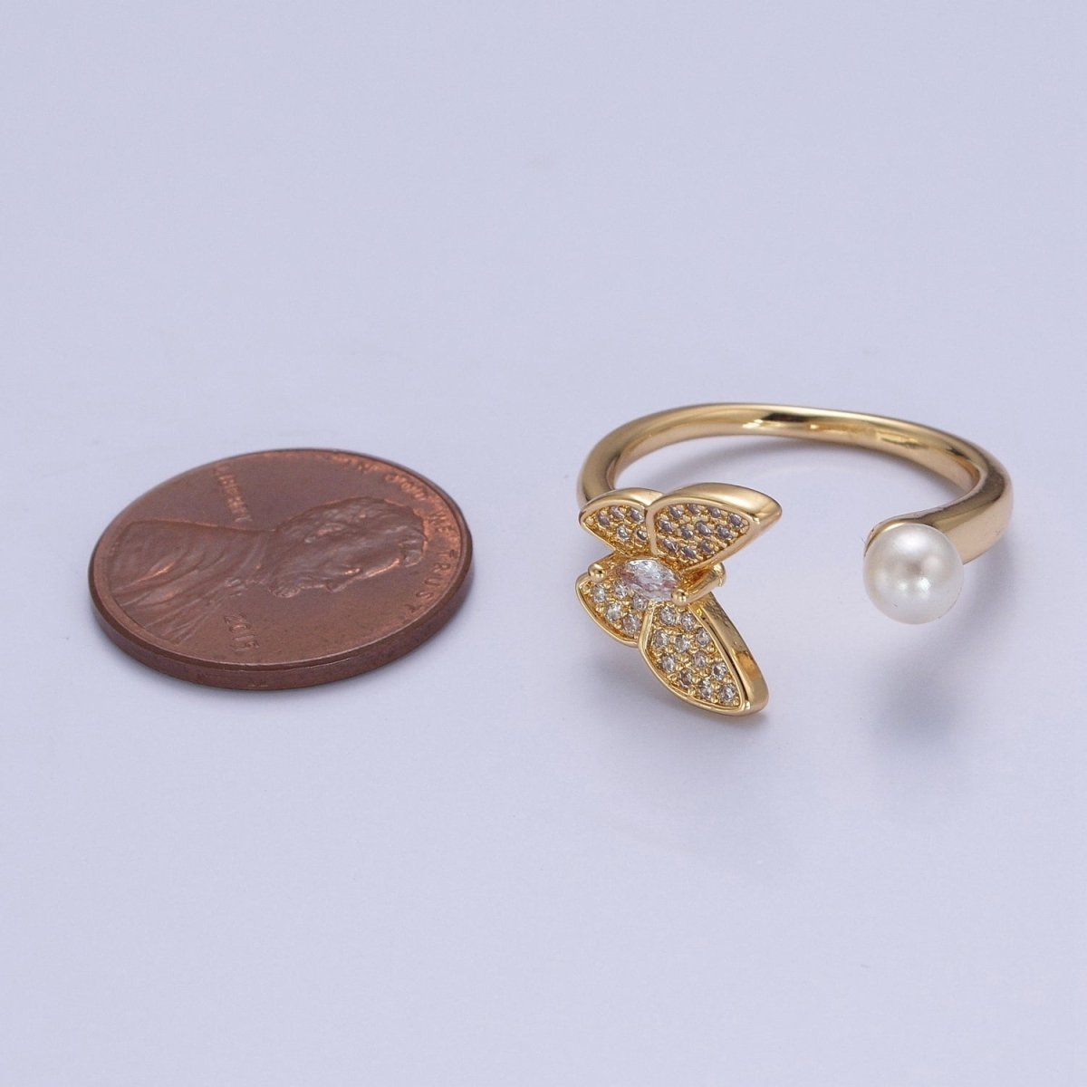 Gold plated butterfly ring Pearl butterfly rin, stackable adjustable ring, dainty ring O-2139 - DLUXCA