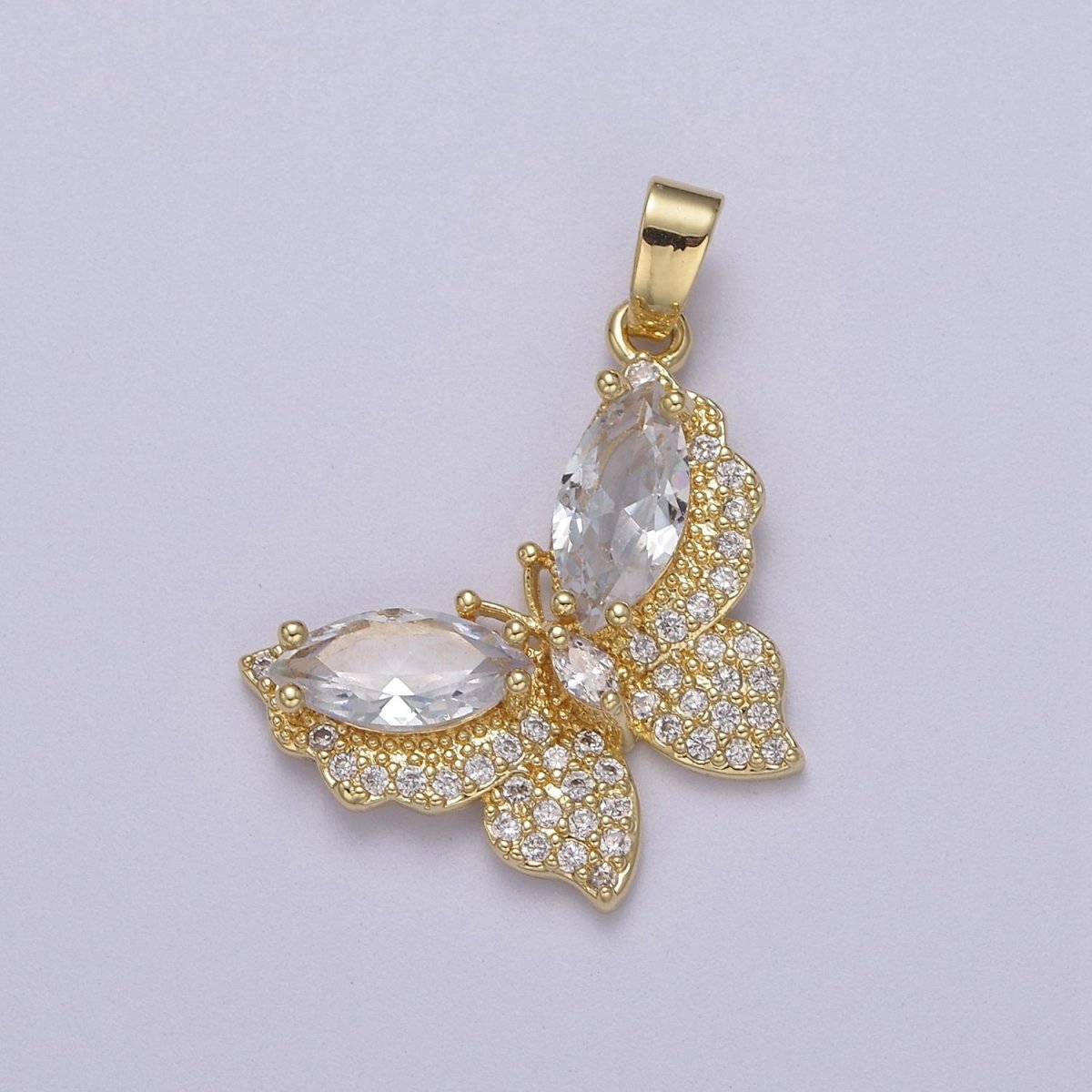 Gold plated Clear CZ Micro Pave Butterfly Shape Pendant, 24K Gold plated Butterfly Charm J-519 - DLUXCA