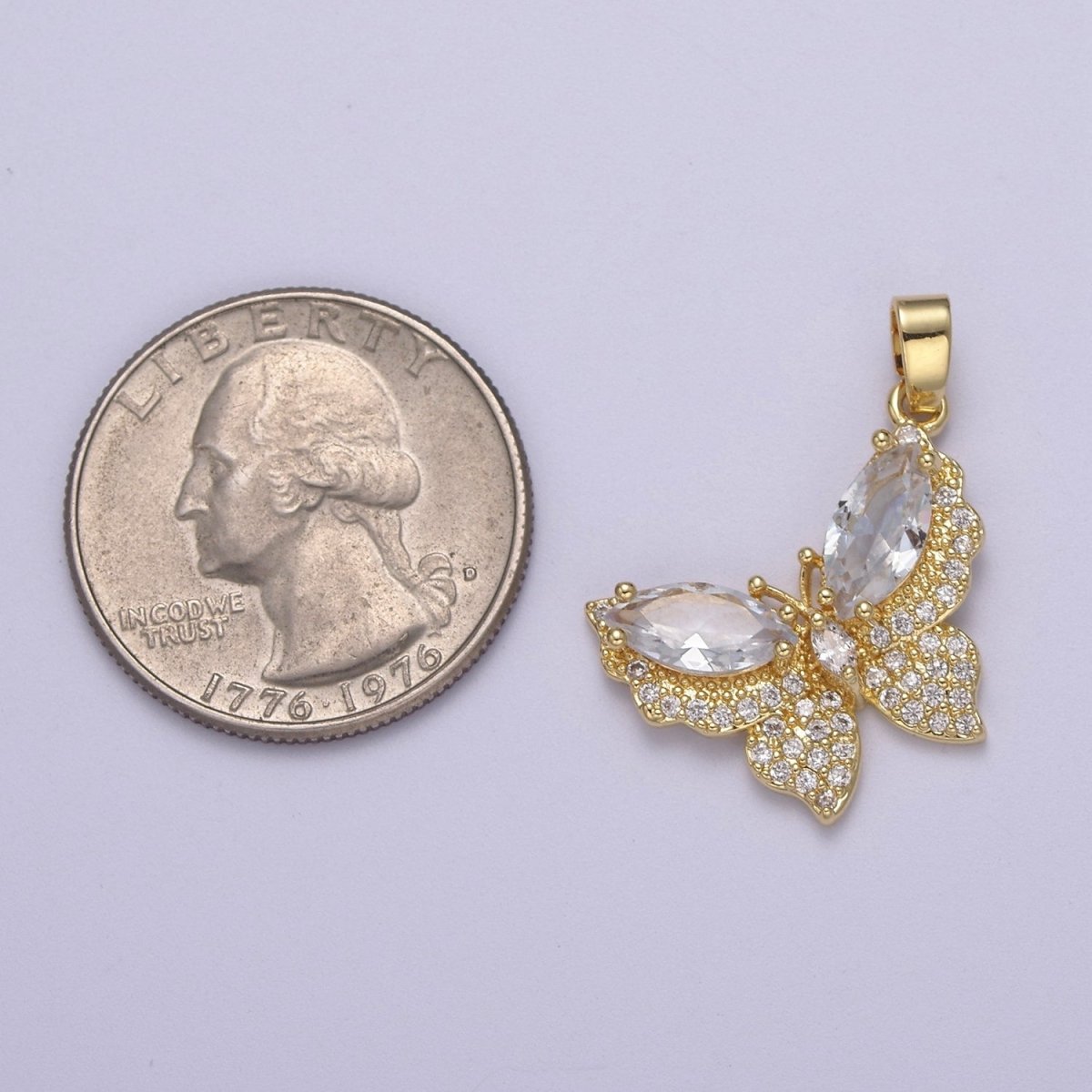 Gold plated Clear CZ Micro Pave Butterfly Shape Pendant, 24K Gold plated Butterfly Charm J-519 - DLUXCA