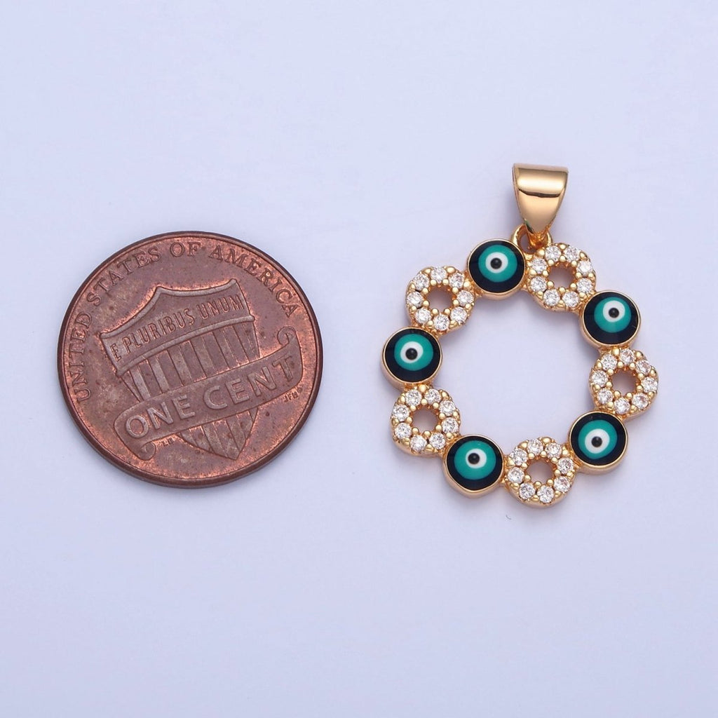 Gold plated Clear Micro Pave CZ & Evil Eye Enamel Protection Eye of Ra Flower Pendant H-068 - DLUXCA
