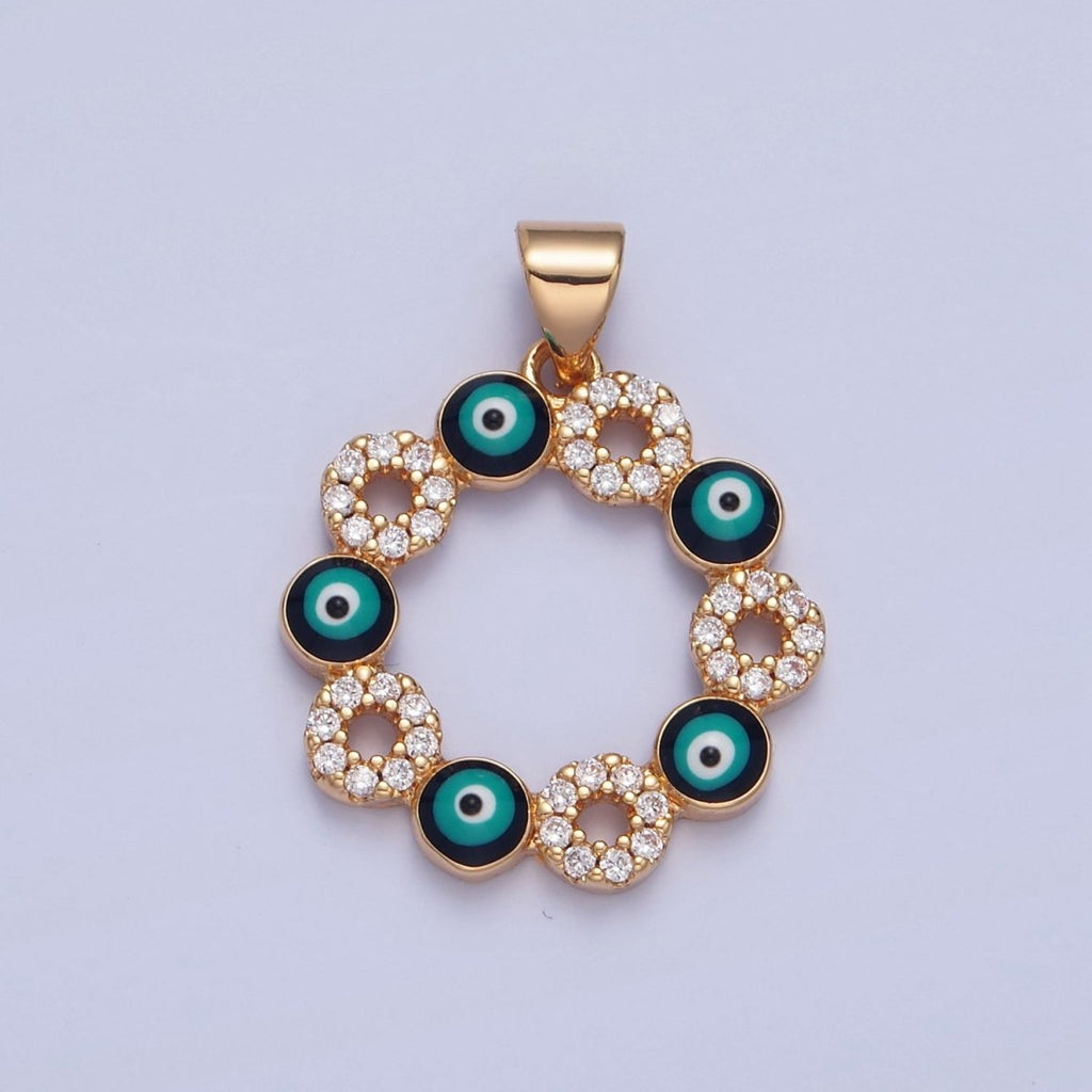Gold plated Clear Micro Pave CZ & Evil Eye Enamel Protection Eye of Ra Flower Pendant H-068 - DLUXCA