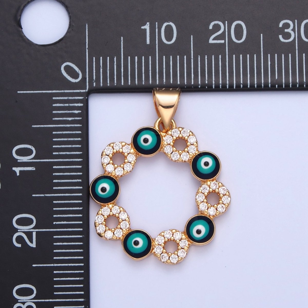 Gold plated Clear Micro Pave CZ & Evil Eye Enamel Protection Eye of Ra Flower Pendant H-068 - DLUXCA