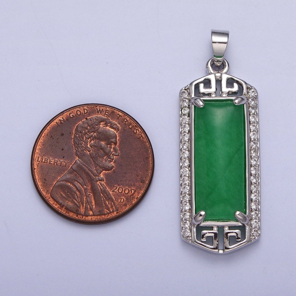 Gold plated Clear Micro Paved CZ Green Jade Bar Pendant in Gold & Silver | AA097 AA098