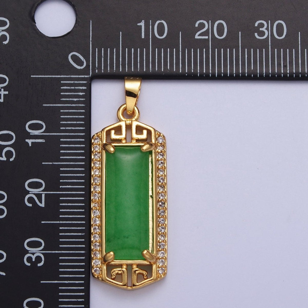 Gold plated Clear Micro Paved CZ Green Jade Bar Pendant in Gold & Silver | AA097 AA098