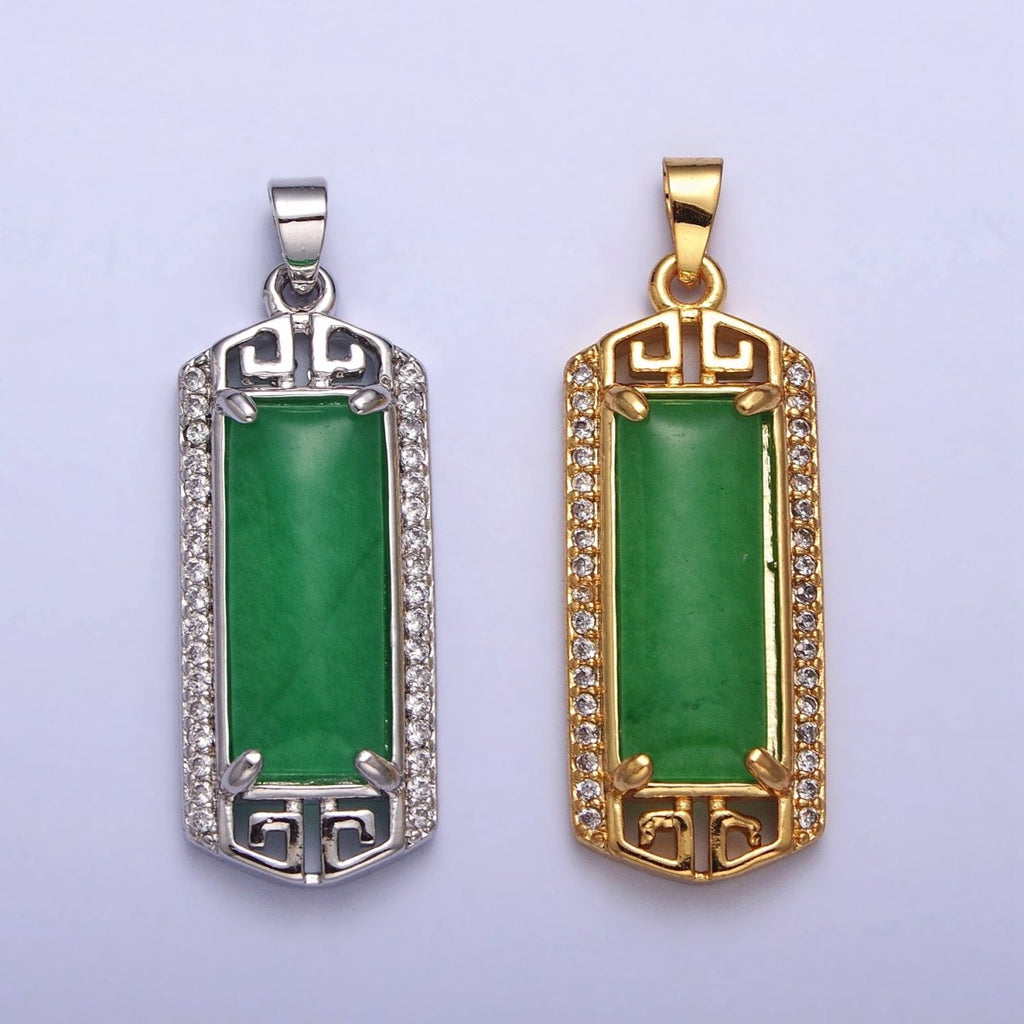 Gold plated Clear Micro Paved CZ Green Jade Bar Pendant in Gold & Silver | AA097 AA098
