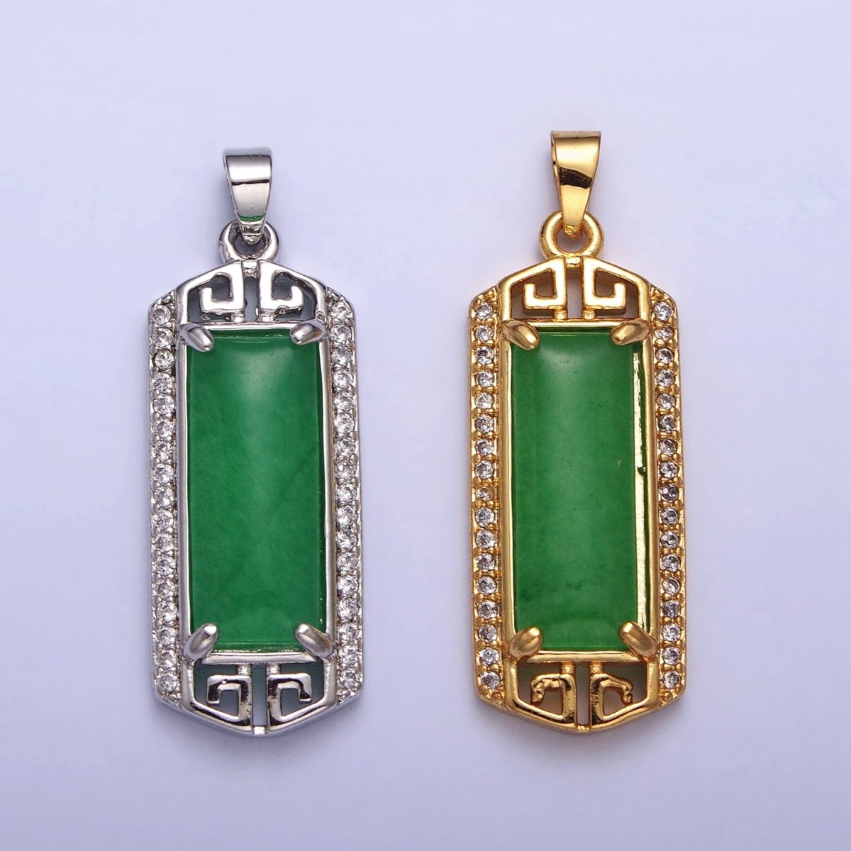 Gold plated Clear Micro Paved CZ Green Jade Bar Pendant in Gold & Silver | AA097 AA098