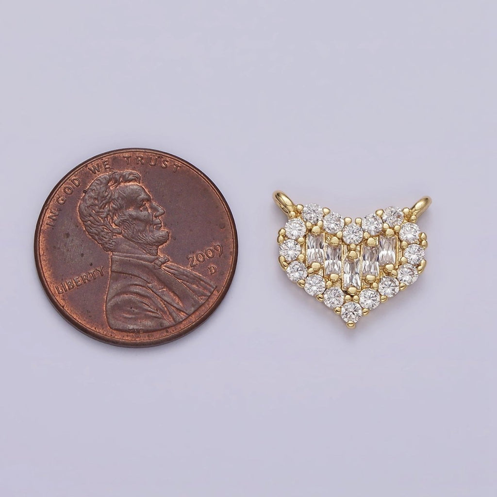 Gold plated Clear Multiple Baguette Micro Paved CZ 14mm Heart Connector G-663 - DLUXCA