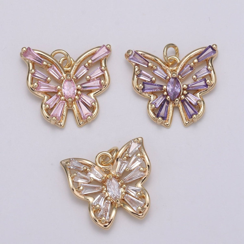 Gold plated Clear, Pink, Purple Baguette Butterfly Wings Mini Charm E-100 - E-102 - DLUXCA