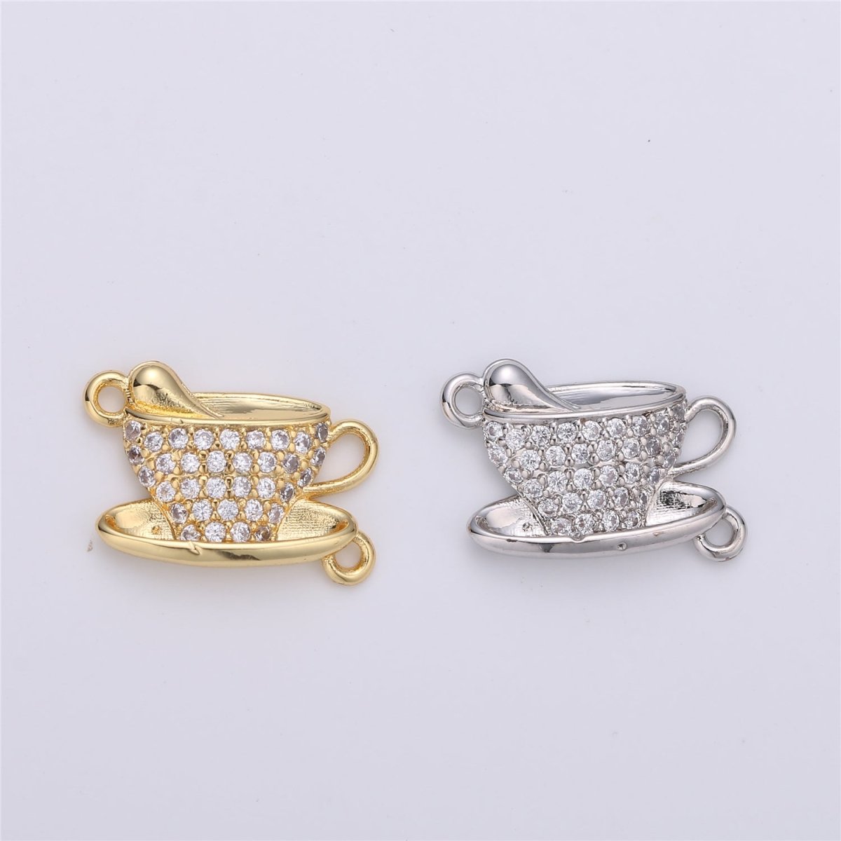 Gold plated Coffee Tea Cup Micro Pave Connector Charm, Cubic Zirconia Pendant Charm, For DIY Jewelry, Gold Silver Color Option F-367 F-368