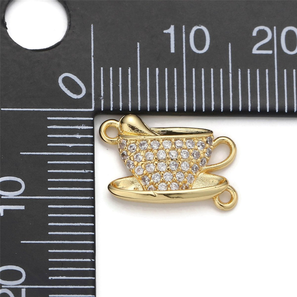 Gold plated Coffee Tea Cup Micro Pave Connector Charm, Cubic Zirconia Pendant Charm, For DIY Jewelry, Gold Silver Color Option F-367 F-368