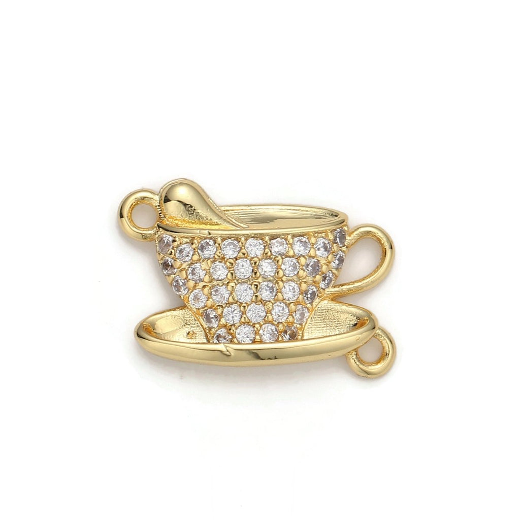 Gold plated Coffee Tea Cup Micro Pave Connector Charm, Cubic Zirconia Pendant Charm, For DIY Jewelry, Gold Silver Color Option F-367 F-368