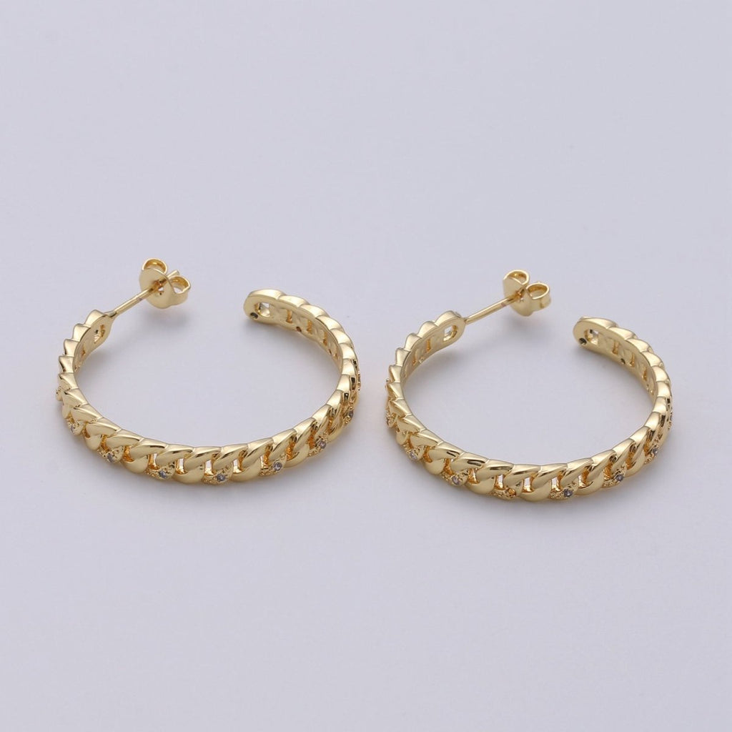 Gold plated Curb Chain Link 30mm C Shaped Hoop Stud Earrings in Gold & Silver Q-191 Q-192